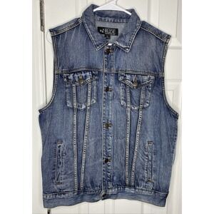 Rude Men's Collared Button Front Biker Denim Vest Blue Size Large‎
